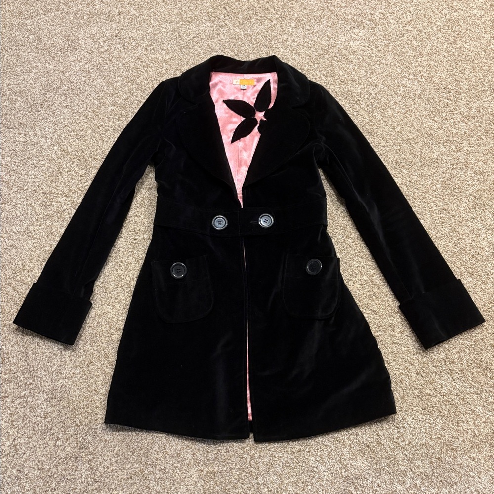 “Tulle”, black and pink, button up jacket, suede outer with satin lining